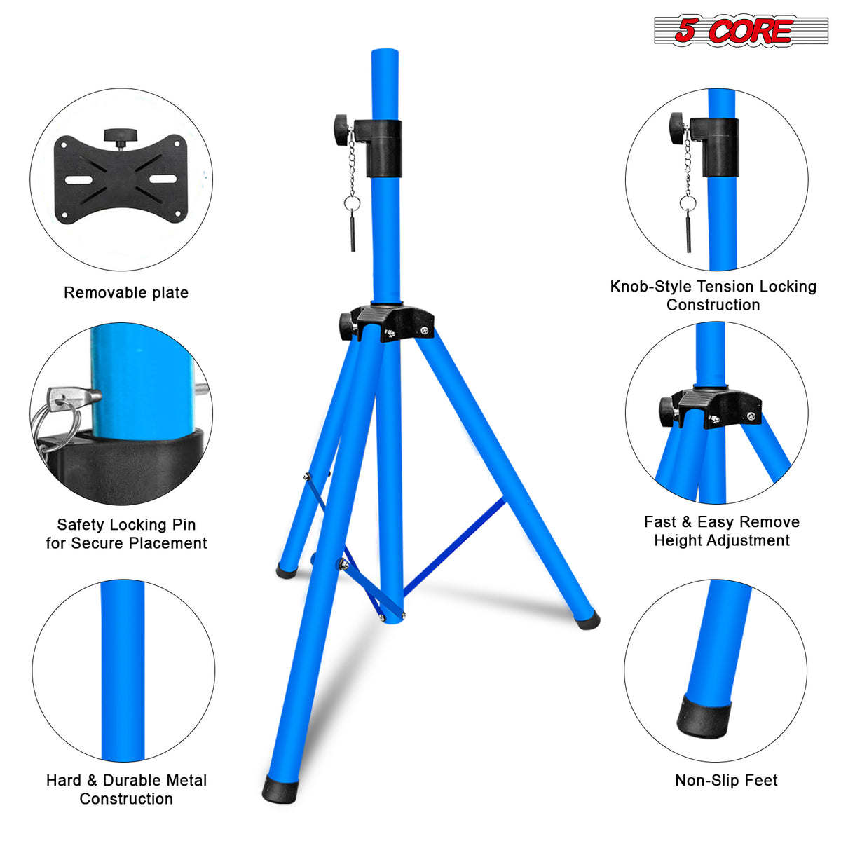 5 Core Speaker Stand Tripod Floor Adjustable Up to 48 Inch DJ Studio Monitor Stands Pole Mount Pair - SS HD 2PK SKY BLU 4FT BAG