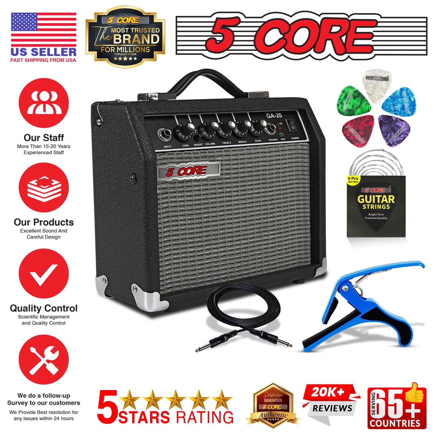 5 Core Guitar Amp 20W Amplifier for Electric Bass Acoustic Practice Amps Small Portable Mini Amplificador para Bajo with Built in Effects - GA 20 BLK