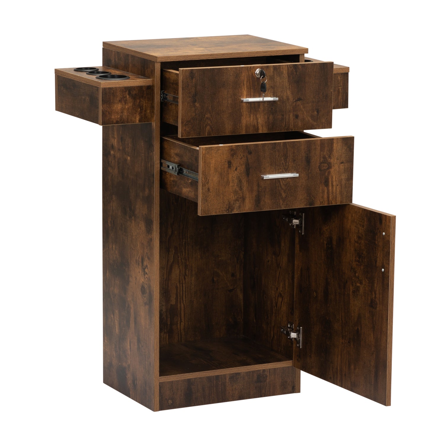 Locking Beauty Salon Station, Hair Styling Barber Station, Spa Salon Equipment with Small Cabinet, Pull-out Drawers, Dryer Holders, Rustic Brown