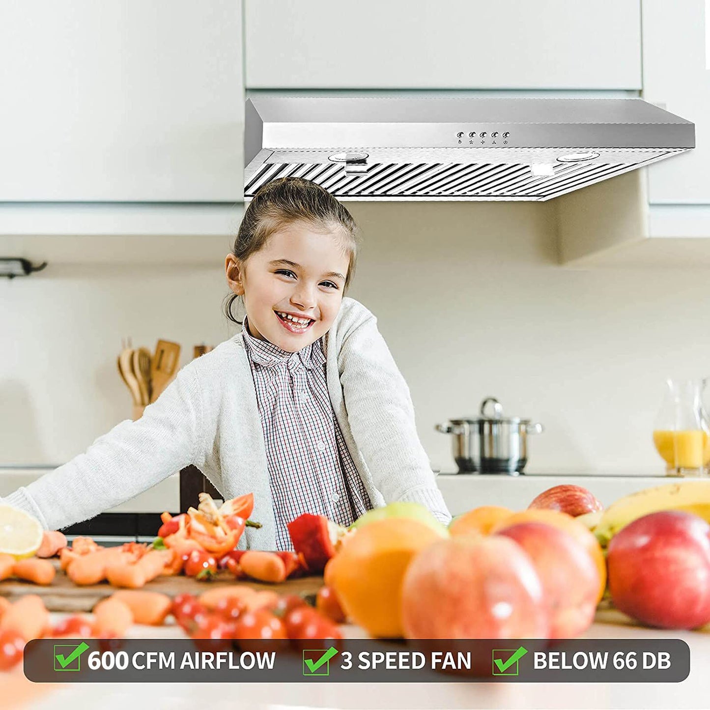 30 inch Kitchen Under Cabinet Range Hood 3-Speed 600CFM Vent w/LEDs Silver/Black