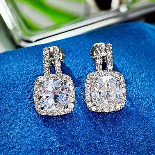 "2CT Cushion Moissanite Stud Drop Earrings D Color Lab Created Diamond Sterling Silver  Platinum Plated Square Halo Earrings for Women Birthday Jewelry Gifts"