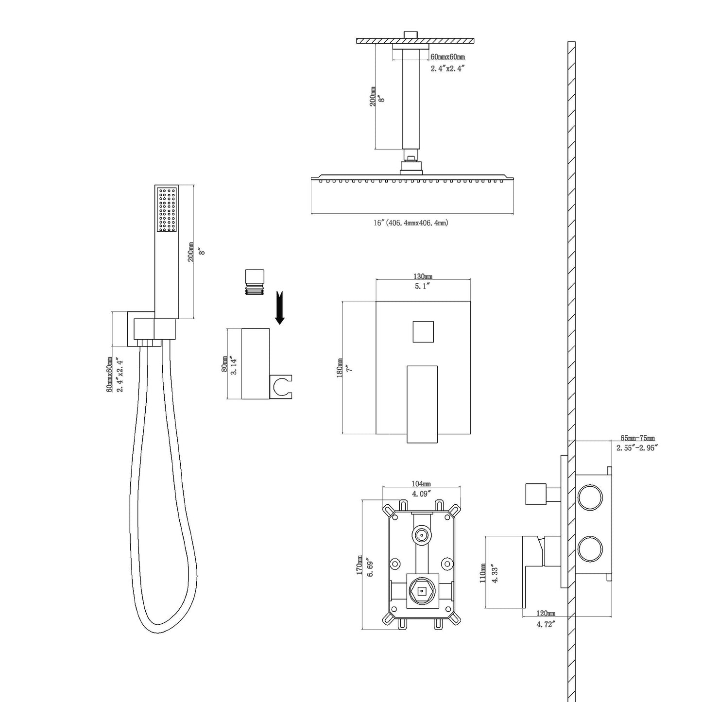 16\" Rainfall Shower Head and Handhled Shower Head,Ceiling Mounted Matte Black Shower System