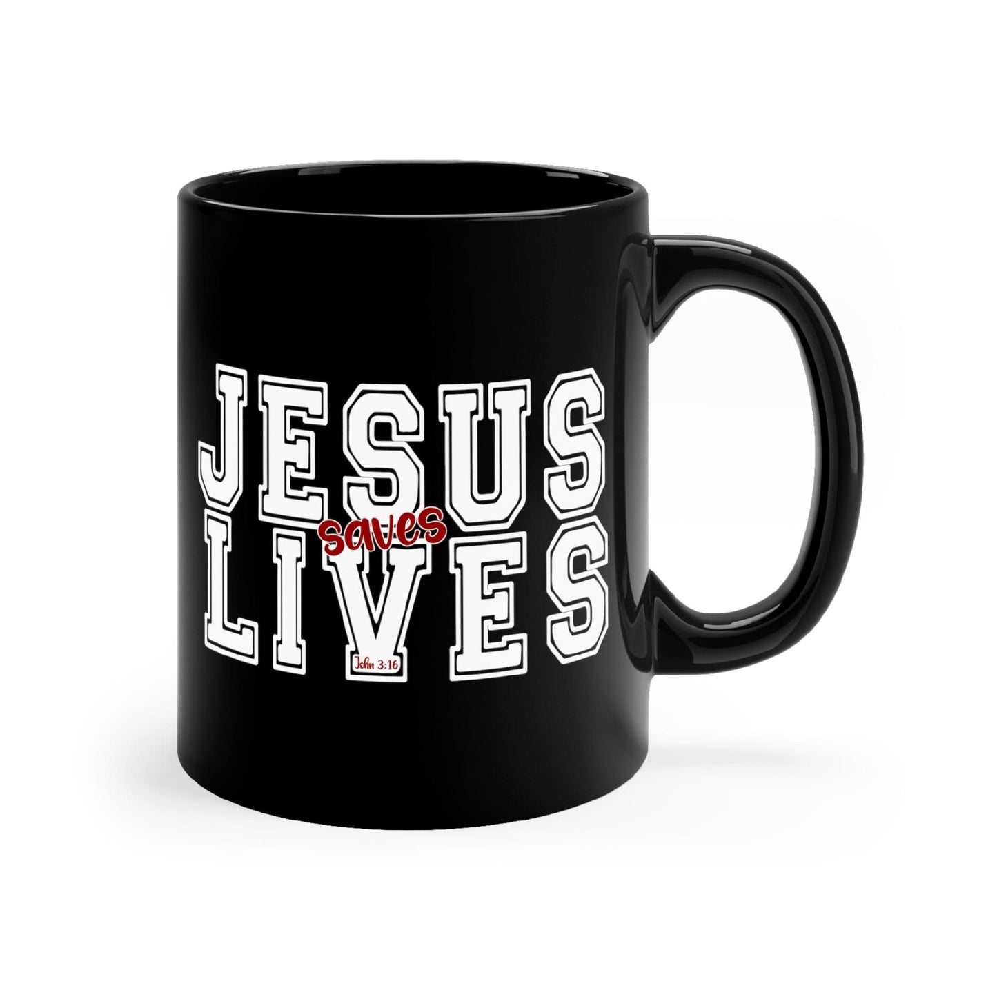 Black Ceramic Mug - 11oz, Jesus Saves Lives White Red Illustration