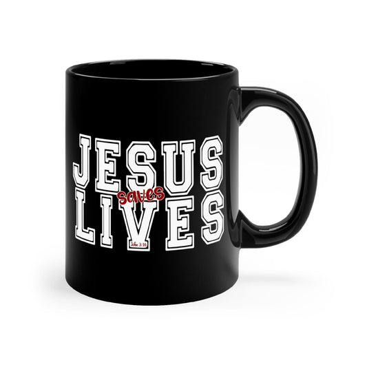 Black Ceramic Mug - 11oz, Jesus Saves Lives White Red Illustration