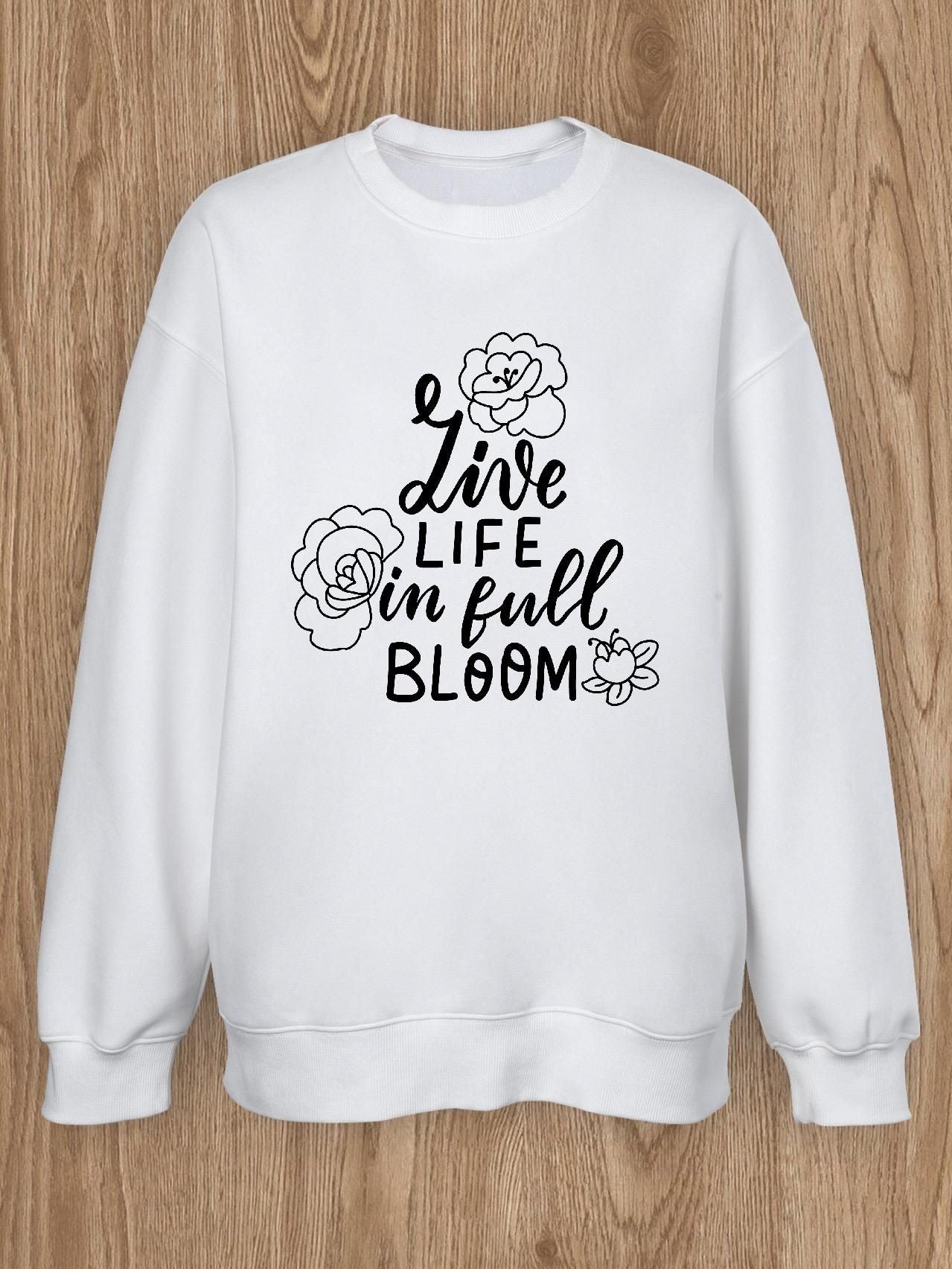 Women Basic Casual Pullover Spring Autumn Long Sleeve Alphabet Rose Printed Round Neck