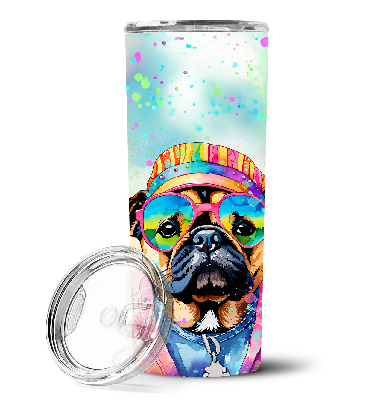 Pug Hippie Dawg Stainless Steel Skinny Tumbler Vacuum Double Walled Reusable Insulated Tumbler Travel Cup for Coffee Cocktails Gift with Lid, 20 oz