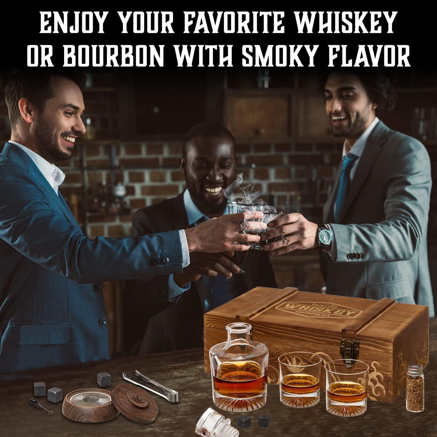 Whiskey Gift Set 14 pcs Whiskey Bottle and Old Fashioned Glasses 2 pcs Cocktail Smoker in Wodden Box with Wood Chips Whickey Stones 6 pcs included Gift for Men