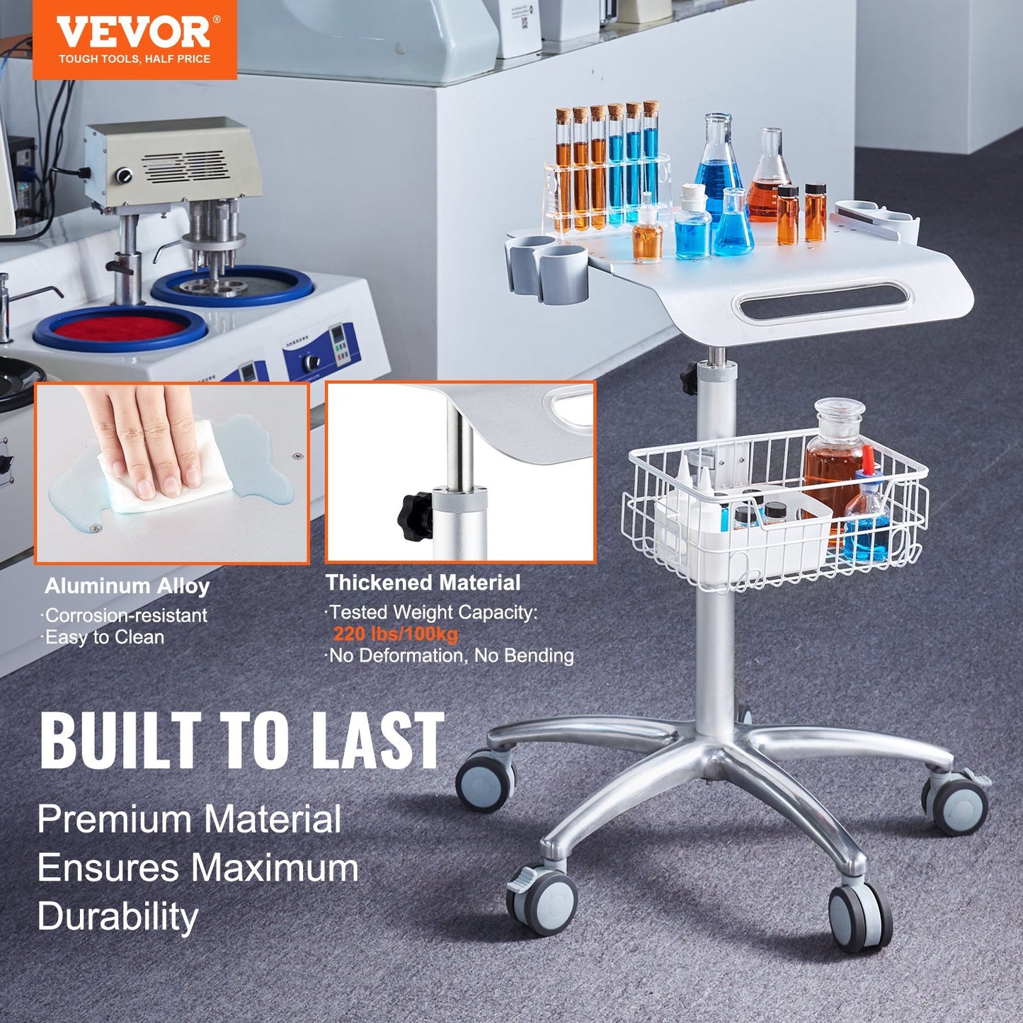 VEVOR Medical Cart, Salon Cart with Wheels, Mobile Trolley Cart 26.77"-42.91" Height Adjustable, Metal Salon Stations for Hair Stylist, Rolling Desktop Lab Cart for Clinic, Beauty and Salon