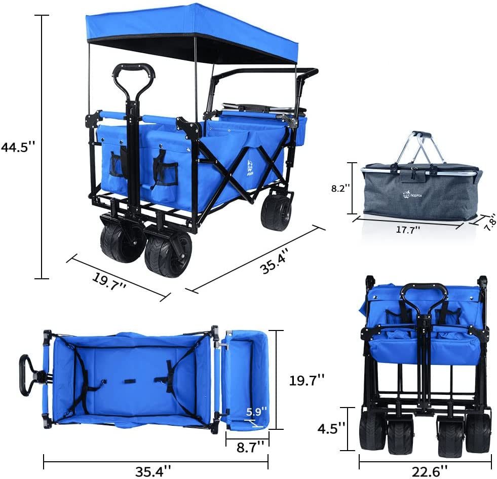 Collapsible Wagon Heavy Duty Folding Wagon Cart with Removable Canopy, 4" Wide Large All Terrain Wheels, Brake, Adjustable Handles,Cooler Bag Utility Carts for Outdoor Garden Beach