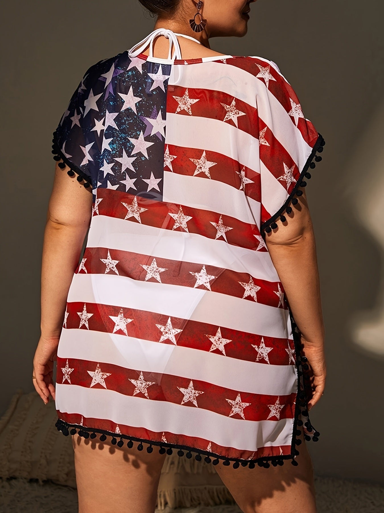 Plus Size American Flag Print Cover Up; Women's Plus Casual Round Neck Short Cover Up