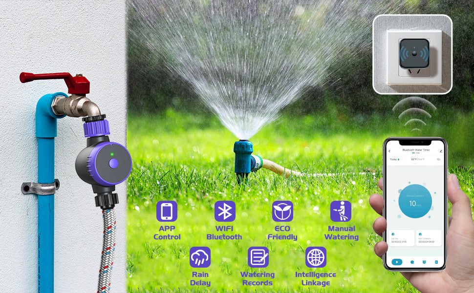 Bluetooth Sprinkler Timer, WiFi Smart Irrigation Water Timer, Wireless Remote APP & Voice Control, Rain Delay/ Manual/ Automatic Watering System, Watering Hose Timer for Yard Garden Lawn Watering