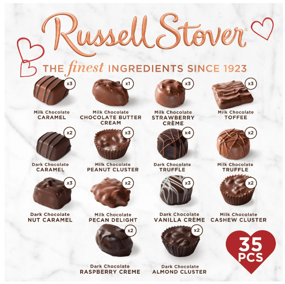 RUSSELL STOVER Valentine's Day Red Foil Heart Assorted Milk & Dark Chocolate Gift Box, 20.1 oz. (35 Pieces)