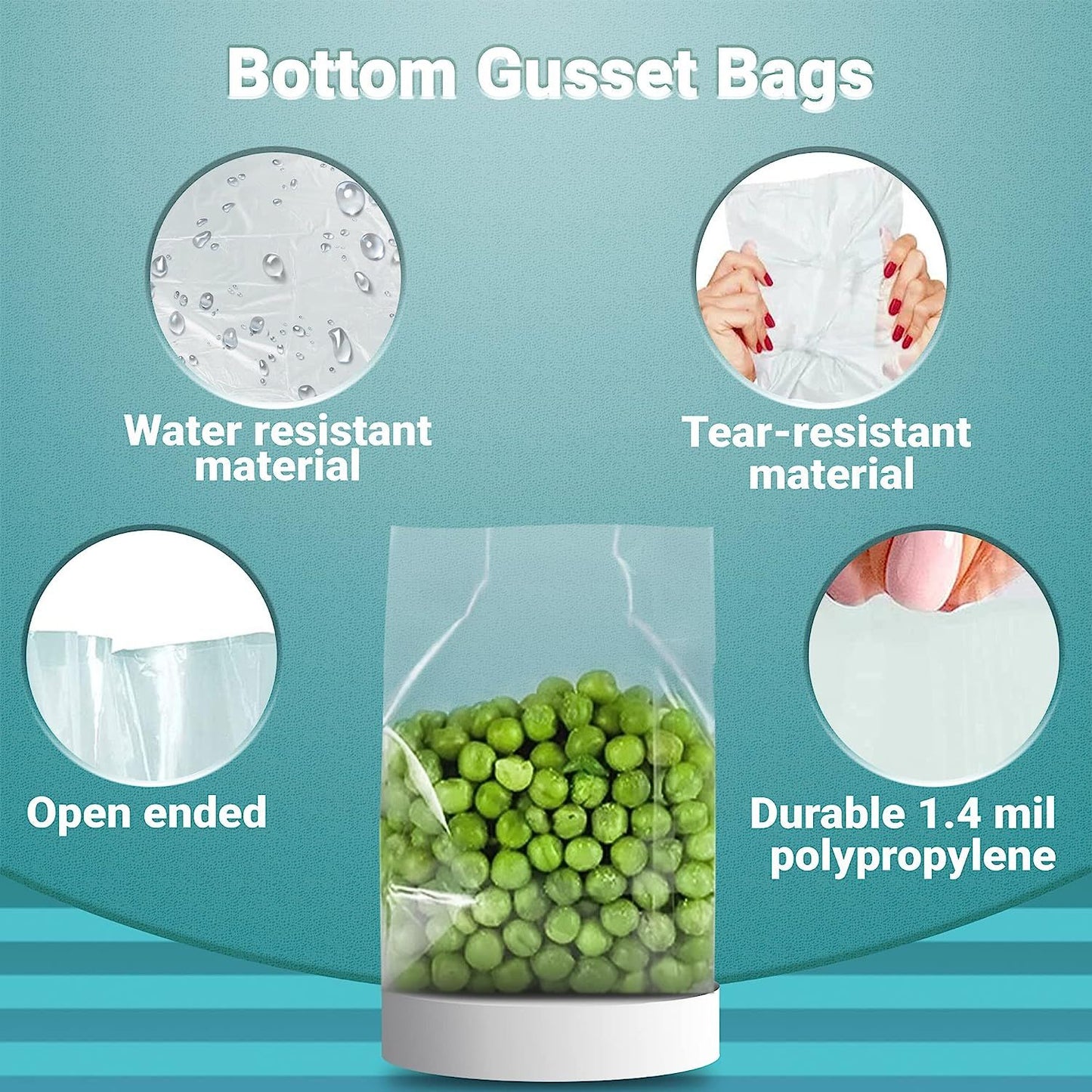 Pack of 1000 Bottom Gusset Bags; Clear 11 x 13 + 4 BG. Polypropylene Bags 11x13; USDA approved; 1.40 mil. Ideal for perishable products. Plastic Poly bags for Industrial and Food service.