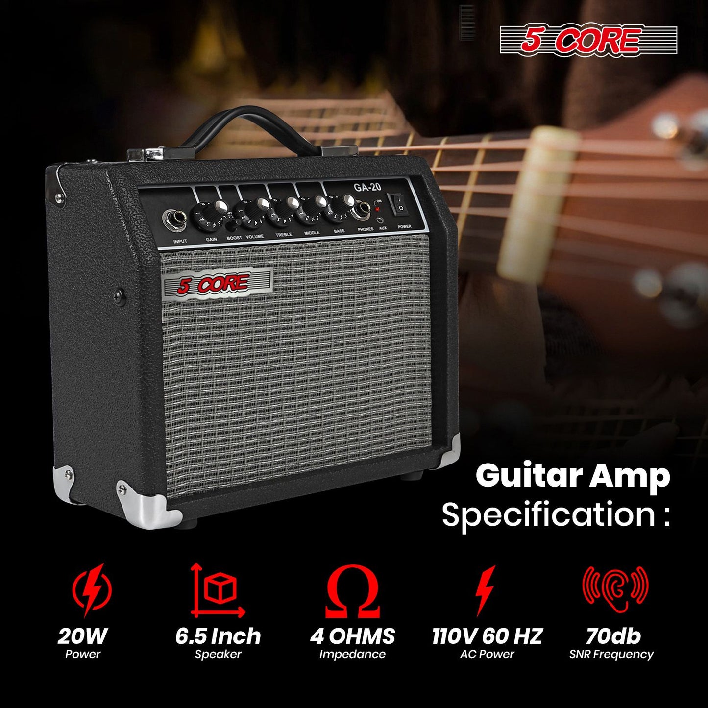 5 Core Guitar Amp 20W Amplifier for Electric Bass Acoustic Practice Amps Small Portable Mini Amplificador para Bajo with Built in Effects - GA 20 BLK