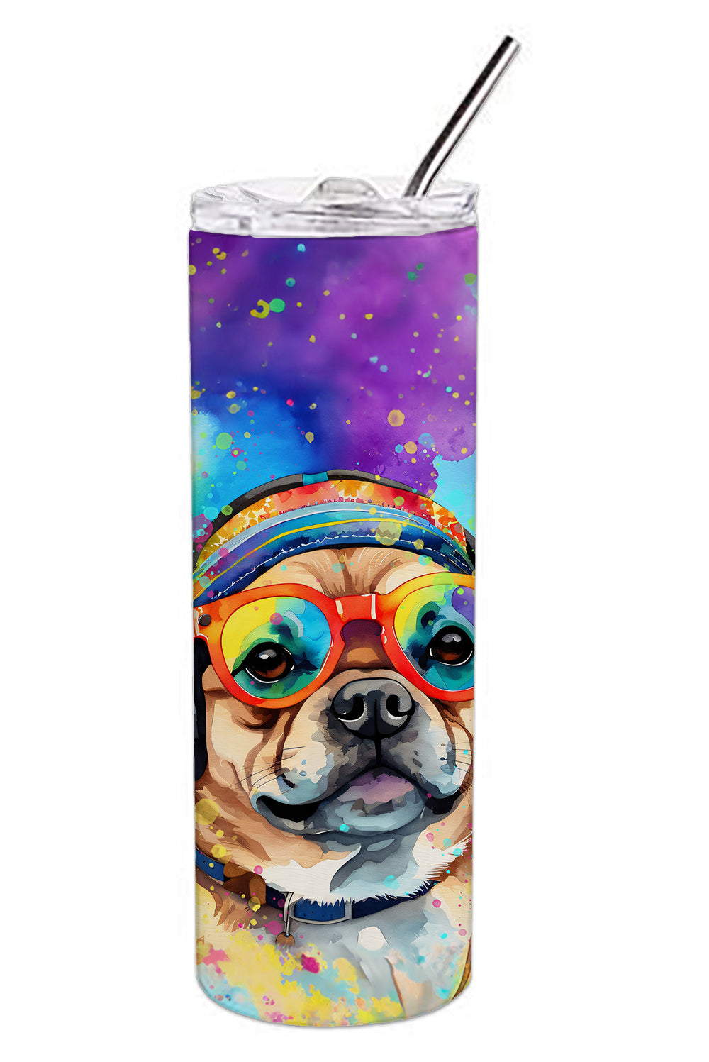 Pug Hippie Dawg Stainless Steel Skinny Tumbler Vacuum Double Walled Reusable Insulated Tumbler Travel Cup for Coffee Cocktails Gift with Lid, 20 oz