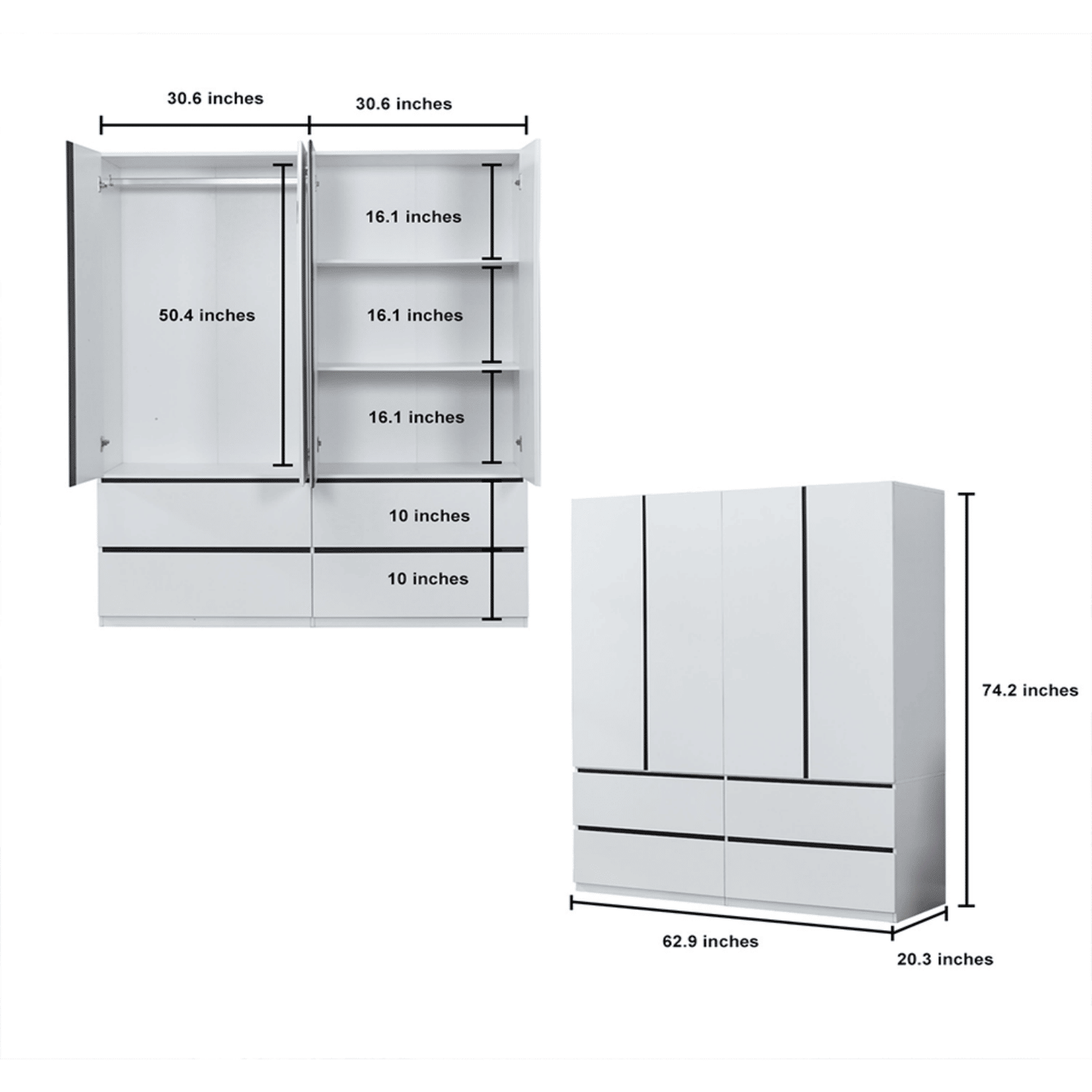 Wooden Wardrobe Closet, 4 Door 4 Drawers Bedroom Wardrobe for Ample Storage, Large White Armoire Wardrobe Closet with Hanging Rod and 3 Shelves