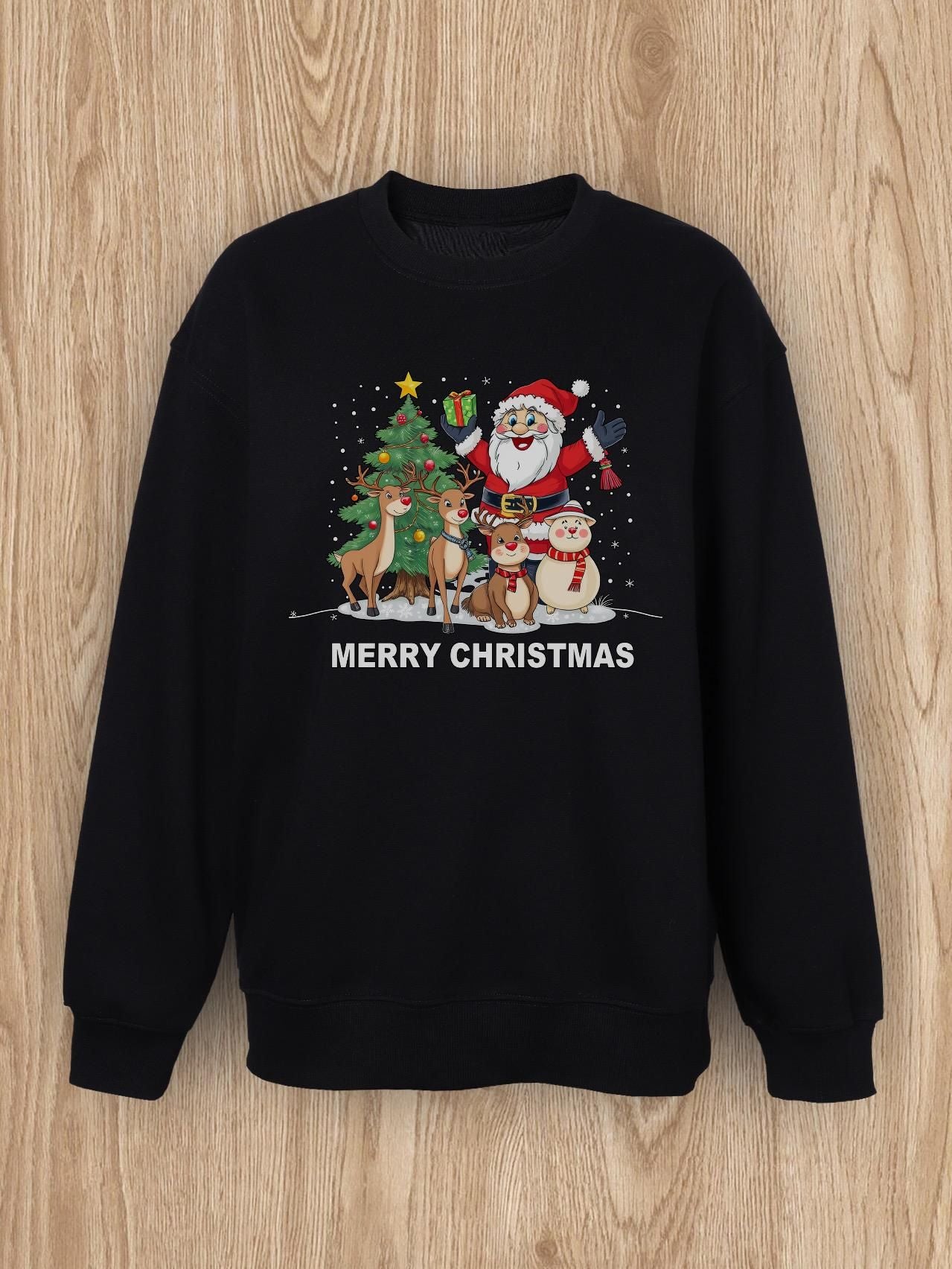 Women Basic Casual Pullover Spring Autumn Long Sleeve Little Elk with Santa Claus Printed Round Neck