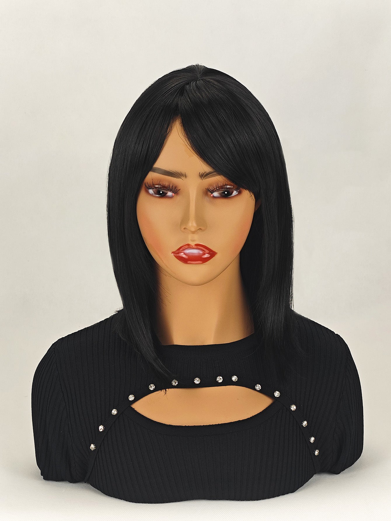 Medium-length straight hair fully machined bangs wig 14 inches natural black heat-resistant fiber high temperature silk wig dyeable and permable bangs synthetic wig