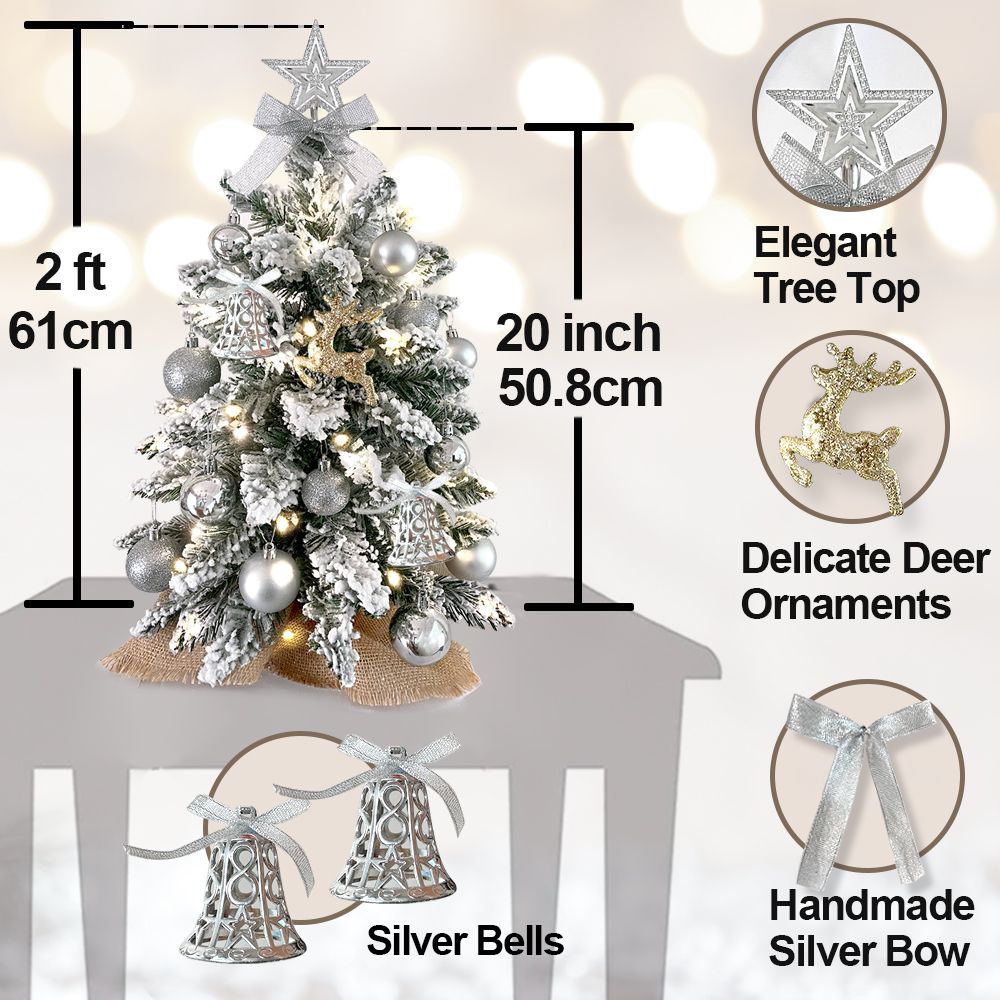 22in Tabletop Christmas Tree with Light Artificial Small Mini Red Christmas Decoration with Flocked Snow, Exquisite Decor & Xmas Ornaments for Table Top for Home & Office, Red