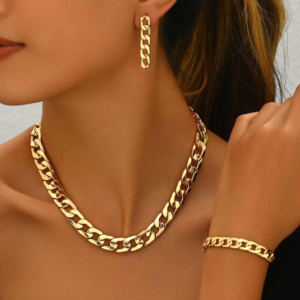 Stylish Gold Chain Link Necklace,  Bracelet, and Earring Set