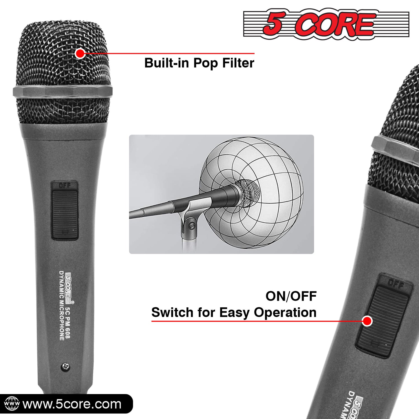 5 Core Microphone XLR Dynamic Mic Karaoke Singing Handheld Microfono Wired Professional Unidirectional 1/4 Plug In Cord Connection for Vocal DJ Music - PM 608