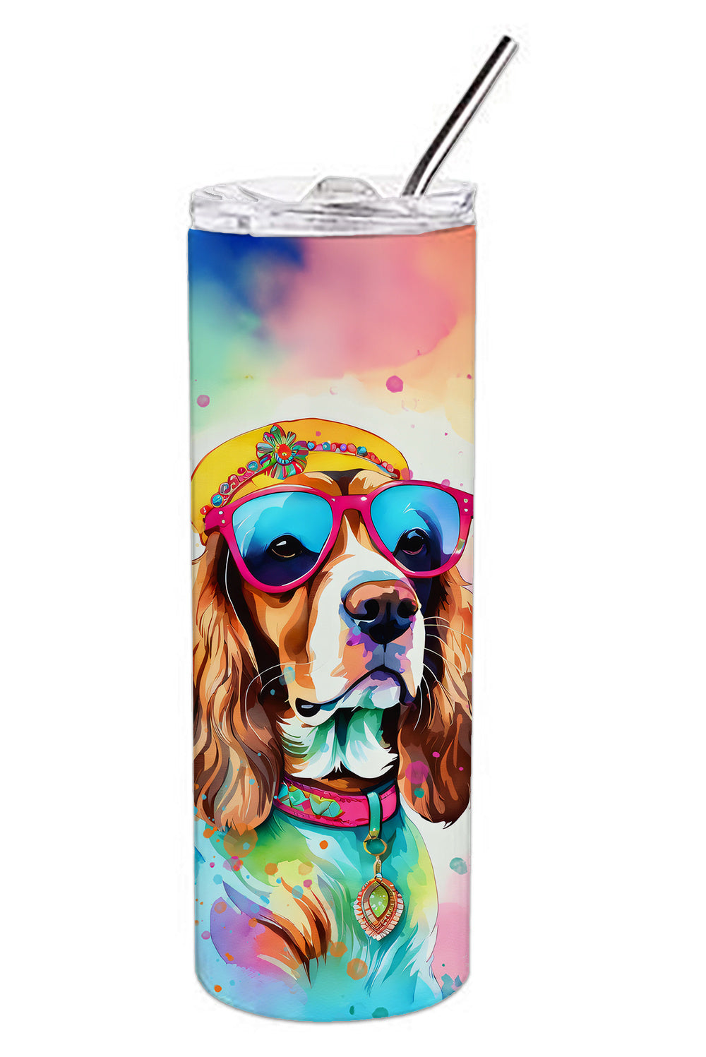 Cavalier Spaniel Hippie Dawg Stainless Steel Skinny Tumbler Vacuum Double Walled Reusable Insulated Tumbler Travel Cup for Coffee Cocktails Gift with Lid, 20 oz