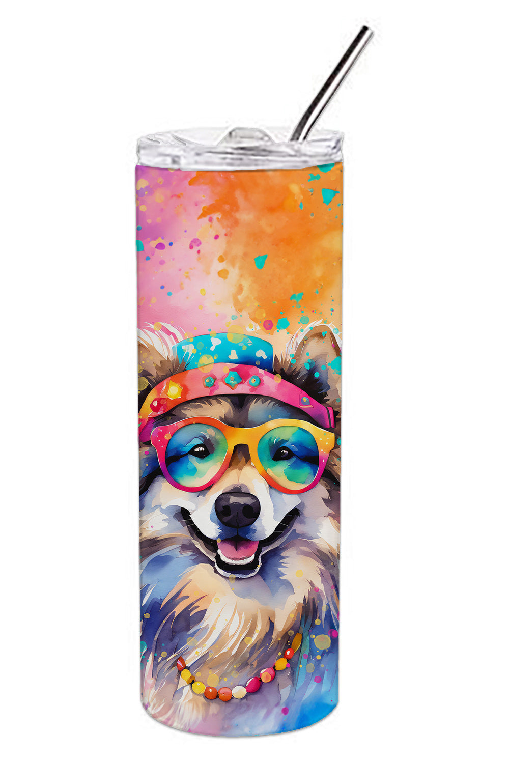 Keeshond Hippie Dawg Stainless Steel Skinny Tumbler Vacuum Double Walled Reusable Insulated Tumbler Travel Cup for Coffee Cocktails Gift with Lid, 20 oz