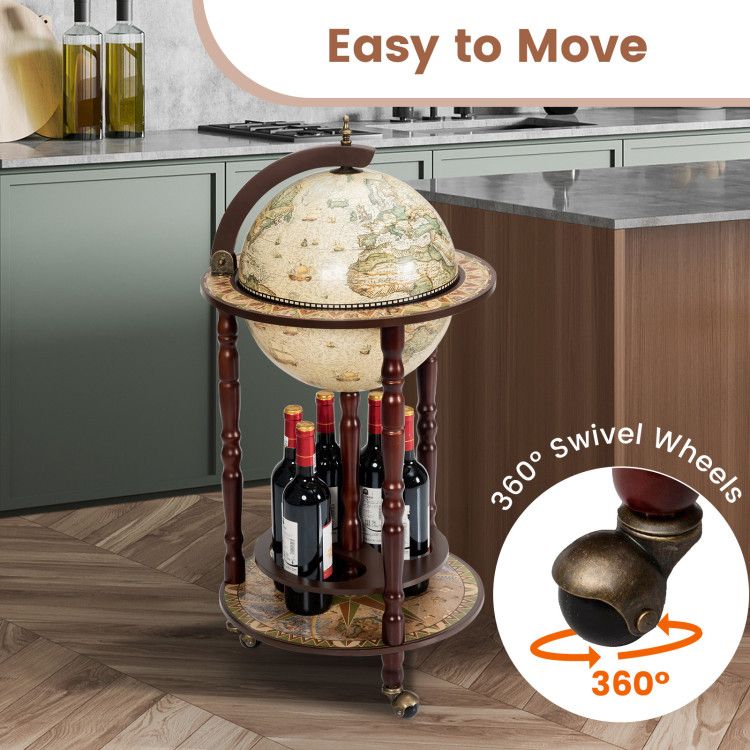 17 Inch Italian Style Design Wooden Globe Liquor Bottle Wine Rack with Wheels