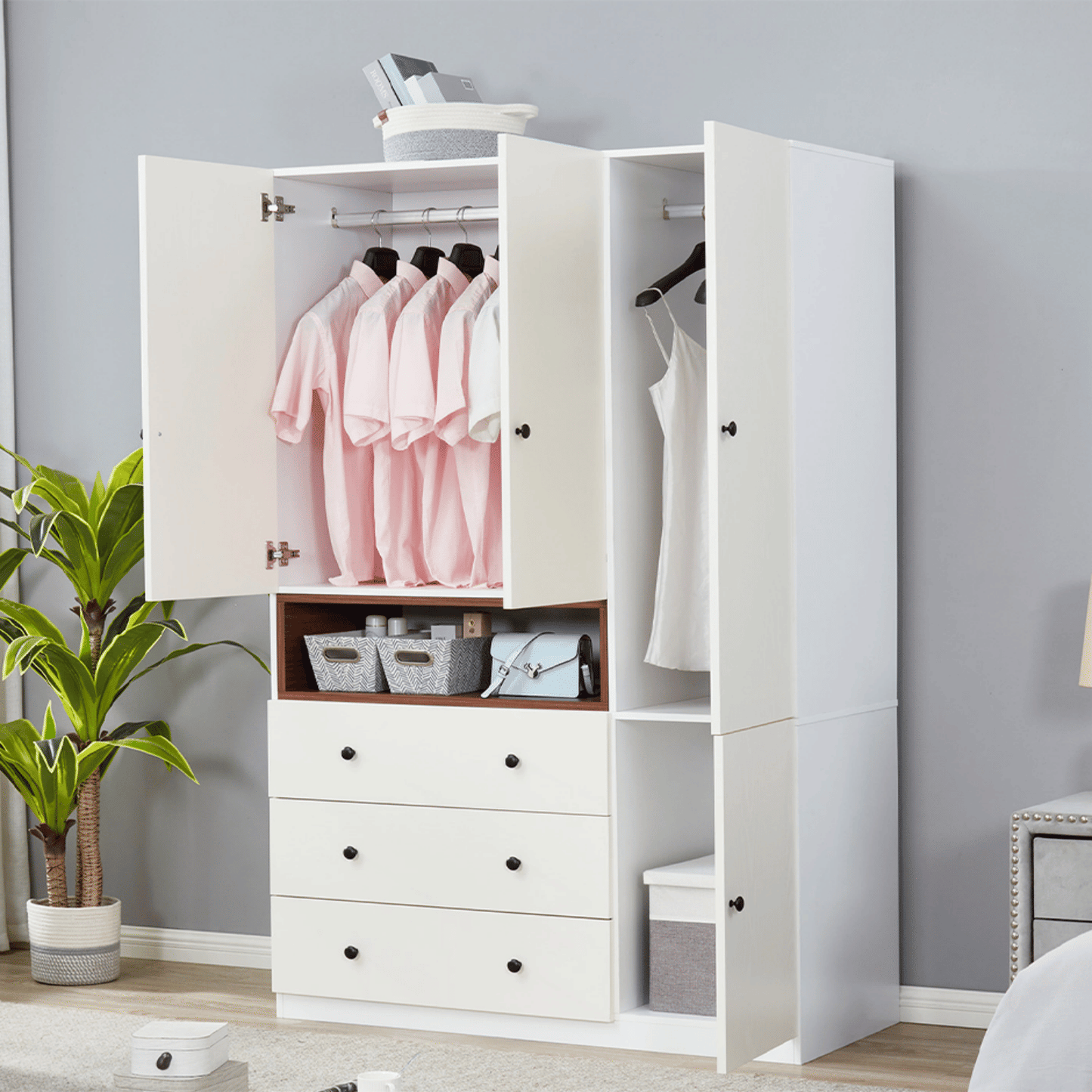 3-Door Armoire Wardrobe Closet, Wooden 3 Drawers White Closet Storage Cabinet for Large Capacity, Tall Cabinet Closet with 2 Hanging Rod for Bedroom 47.3" L x 20.3" W x 72" H