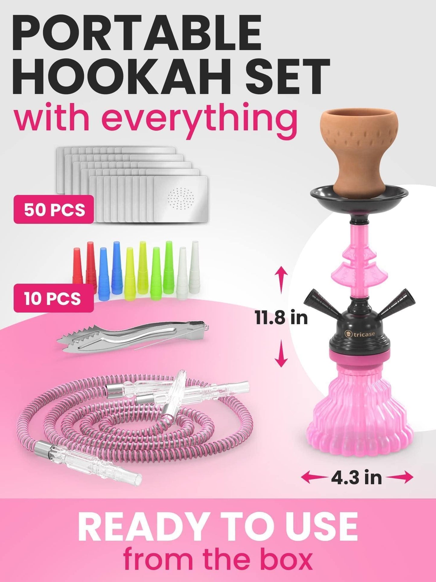 Pink Hookah Set 2 Hose Hookah LilOne 12 inch Pink Mini Hookah Combo Set with Prepunched Foil Hookah Bowl Disposable Tips Mouthpiece Tongs Portable Hookah Pipe