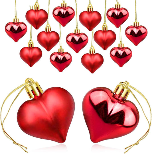 12PCS Christmas Heart Shape Ornaments Gold Red Pink Silver Heart Hanging Pendants Glossy and Matte Xmas Tree Decorations for Christmas Tree Party Wedding Valentine Decor