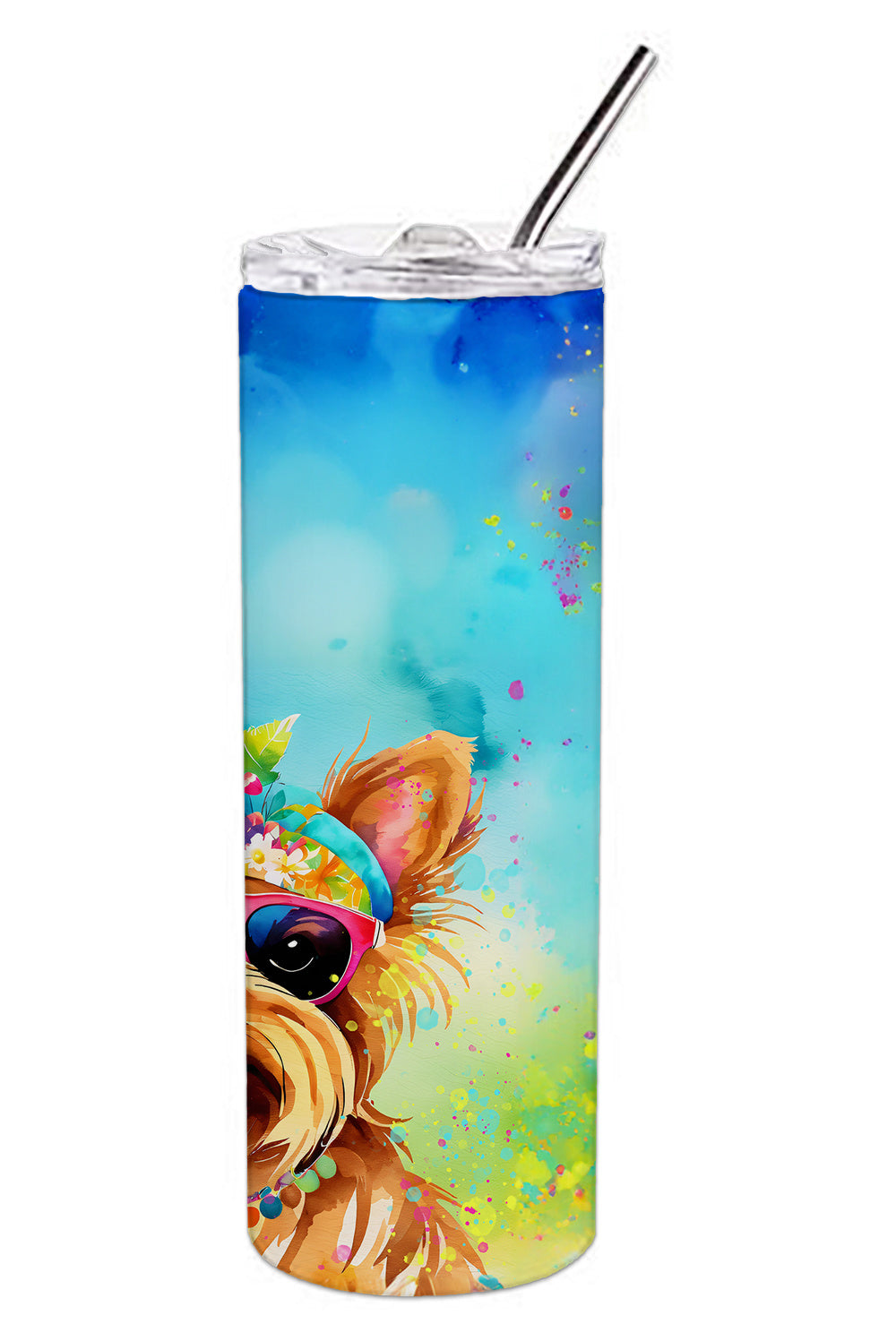 Yorkshire Terrier Hippie Dawg Stainless Steel Skinny Tumbler Vacuum Double Walled Reusable Insulated Tumbler Travel Cup for Coffee Cocktails Gift with Lid, 20 oz