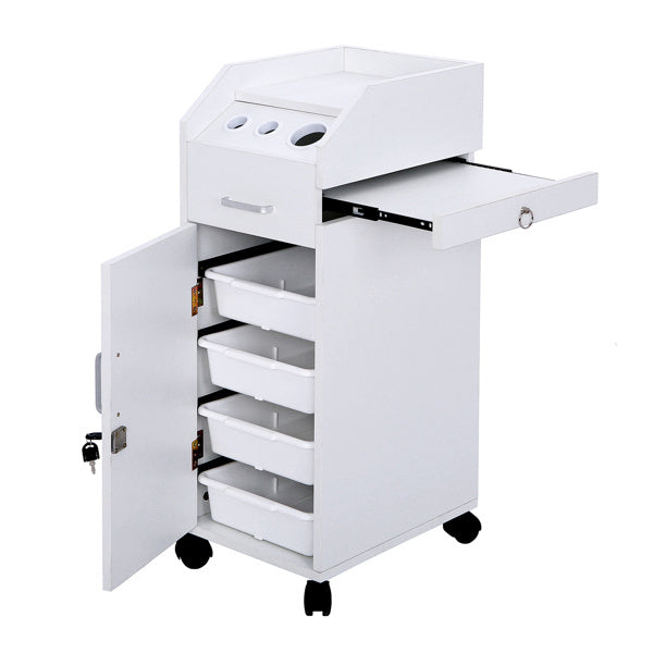 Hair Salon Storage Cart with Wheels & 3 Hair Dryer Holders & 4 Drawers & Lock & 2 Keys, Hairdressing Tools Station Mobile Makeup Case White