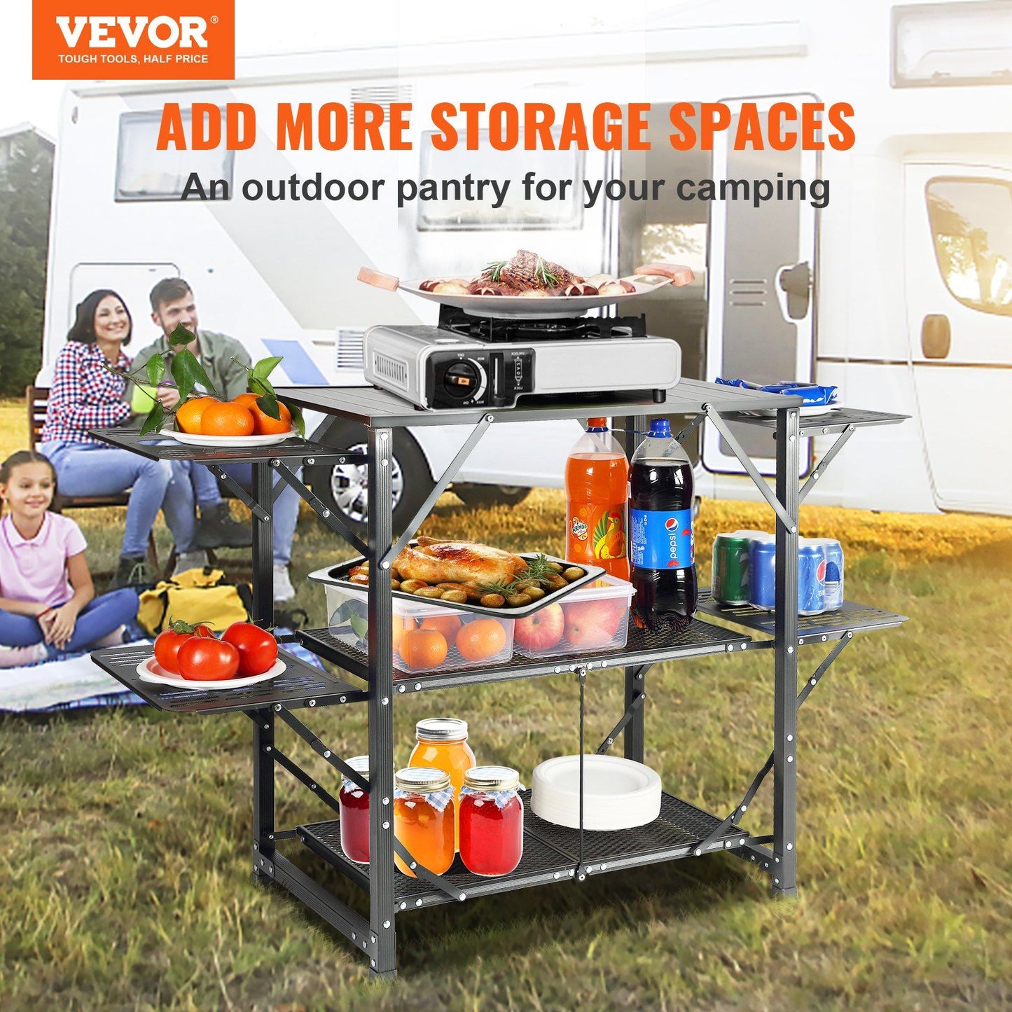 VEVOR Camping Kitchen Table, One-piece Folding Portable Cook Station with A Carrying Bag, Aluminum Camping Table 4 Iron Side Tables & 2 Shelves, Ideal for Outdoor Picnics, BBQs, Camping, RV Traveling