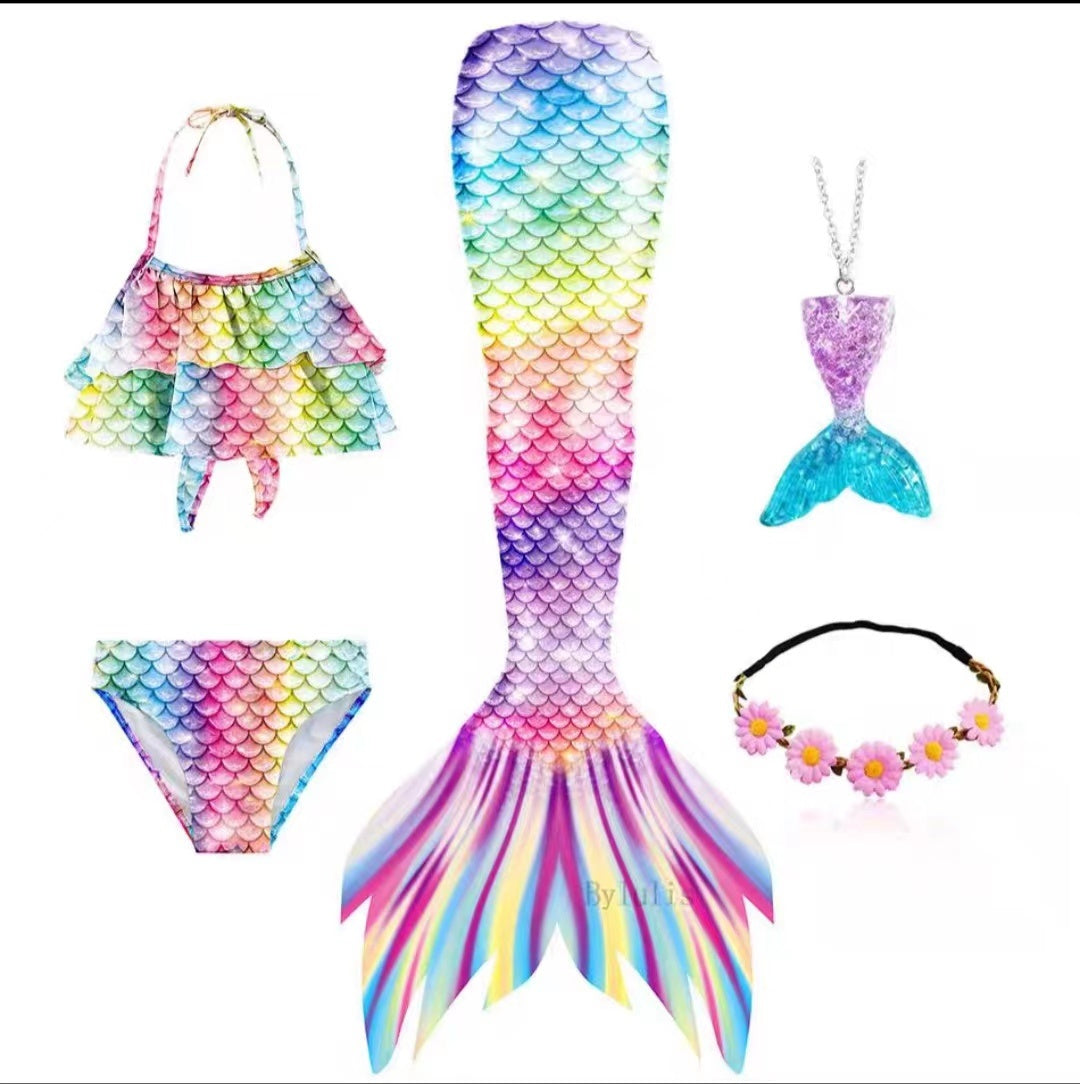 5pcs/set Girls Mermaid Tail Swimsuit Children Mermaid Ariel Cosplay Costume Fantasy Beach Bikini