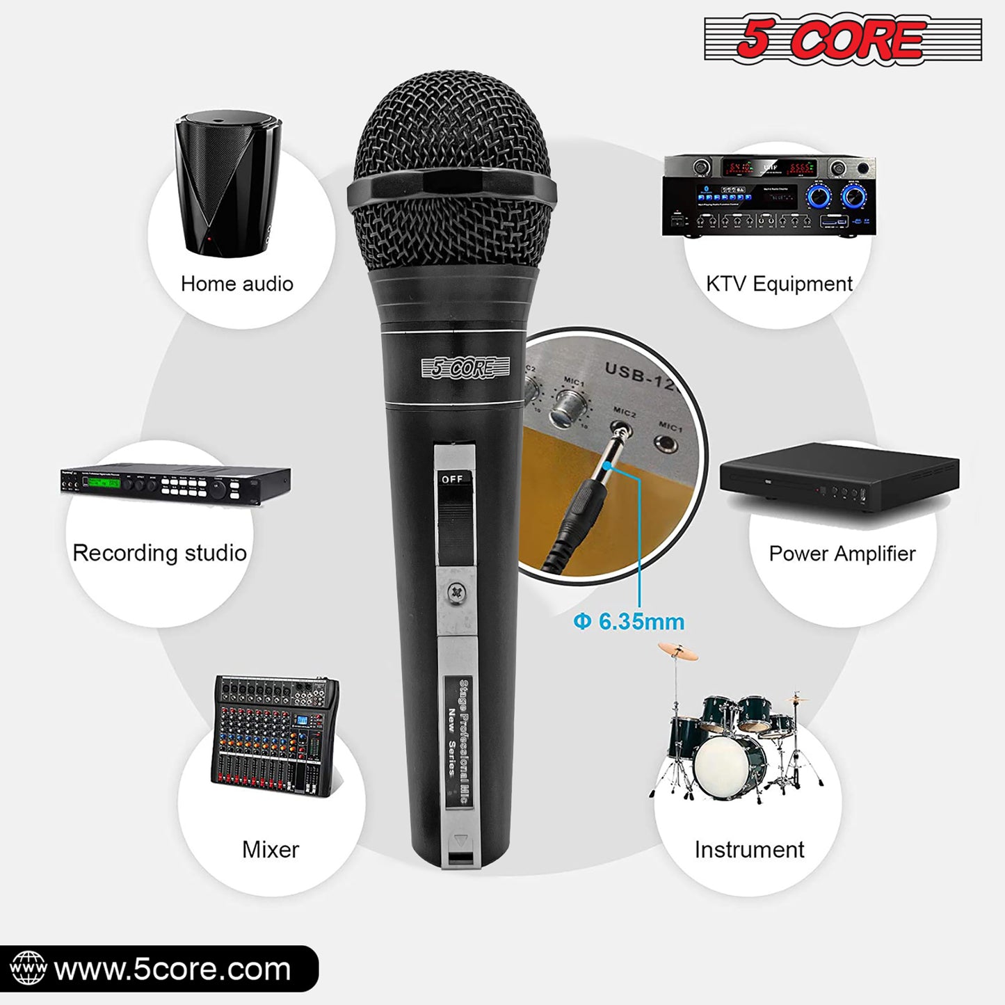 5 Core Microphone XLR Dynamic Mic Karaoke Singing Handheld Microfono Wired Professional Unidirectional 1/4 Plug In Cord Connection for Vocal DJ Music - PM 757