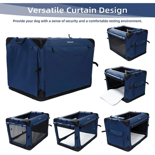 Dog Crate with Curtains, Travel Dog Crate for Airflow and Calm, Soft Pet Dog Kennel with Portable Bag and More Chew Proof Mesh, Indoor Outdoor, Navy Blue+4 Door Curtains