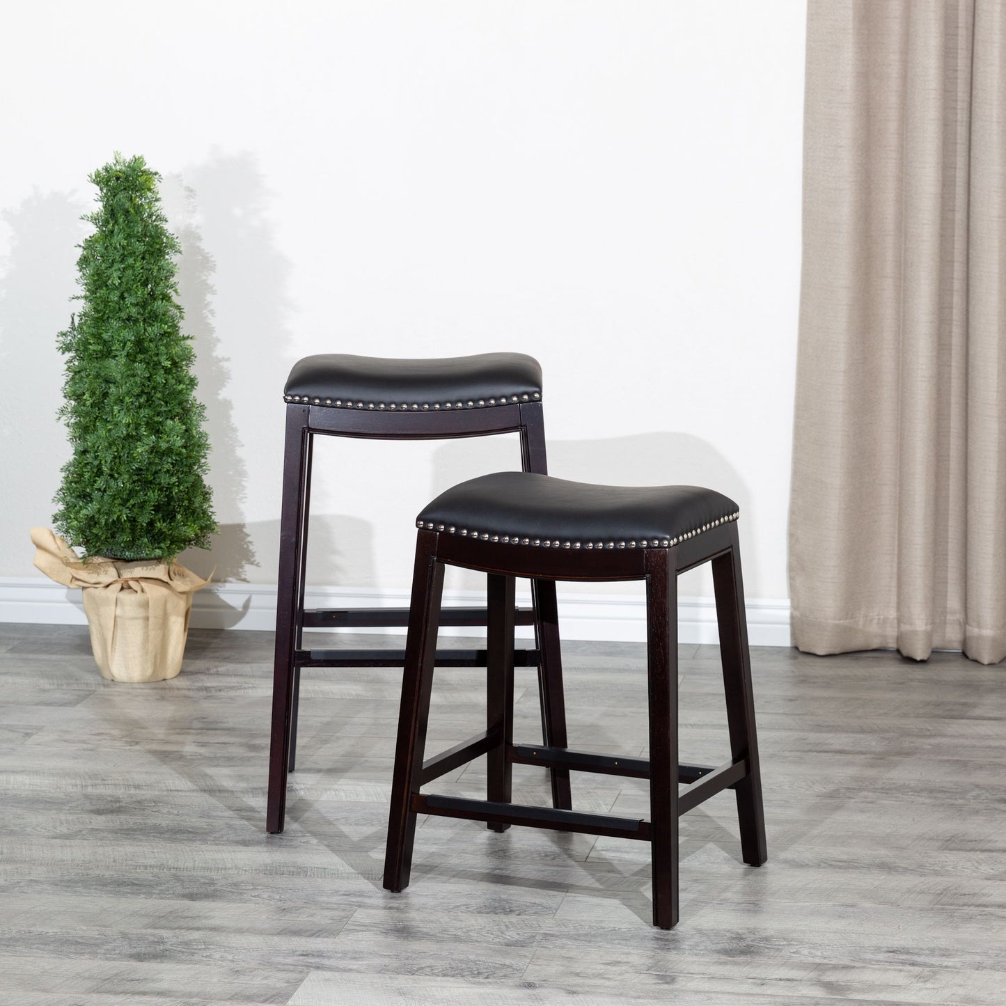 24" Counter Stool, Espresso Finish, Black Leather Seat