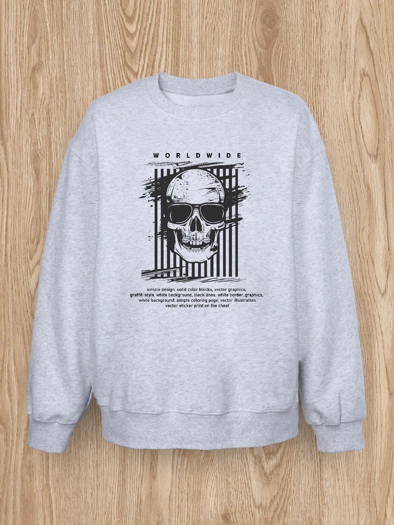 Women Basic Casual Pullover Spring Autumn Long Sleeve Street Skulls Printed Round Neck White