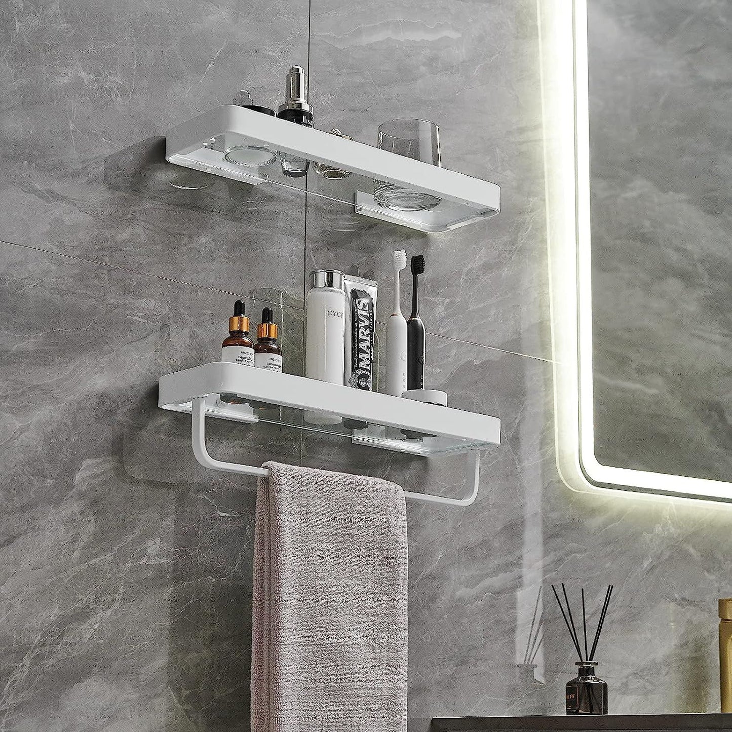 Bathroom Shelves Wall Mounted Glass Shelves for Bathroom Floating Shelf with Towel Holder Glass Shower Shelf 2 Tier Bathroom Wall Organizer