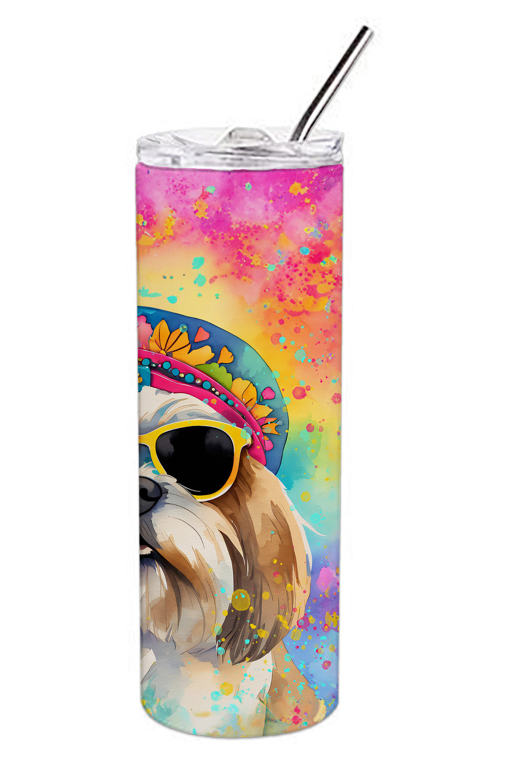 Shih Tzu Hippie Dawg Stainless Steel Skinny Tumbler Vacuum Double Walled Reusable Insulated Tumbler Travel Cup for Coffee Cocktails Gift with Lid, 20 oz