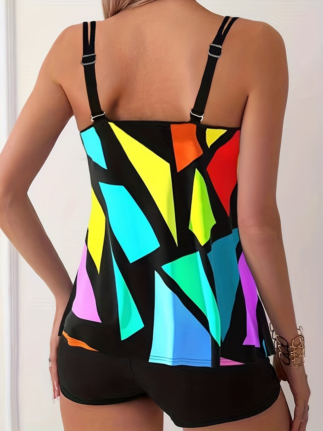 Geometric Pattern Multicolored Tankini Sets, Round Neck Boxer Short Bottom Two Pieces Swimsuit, Women's Swimwear & Clothing