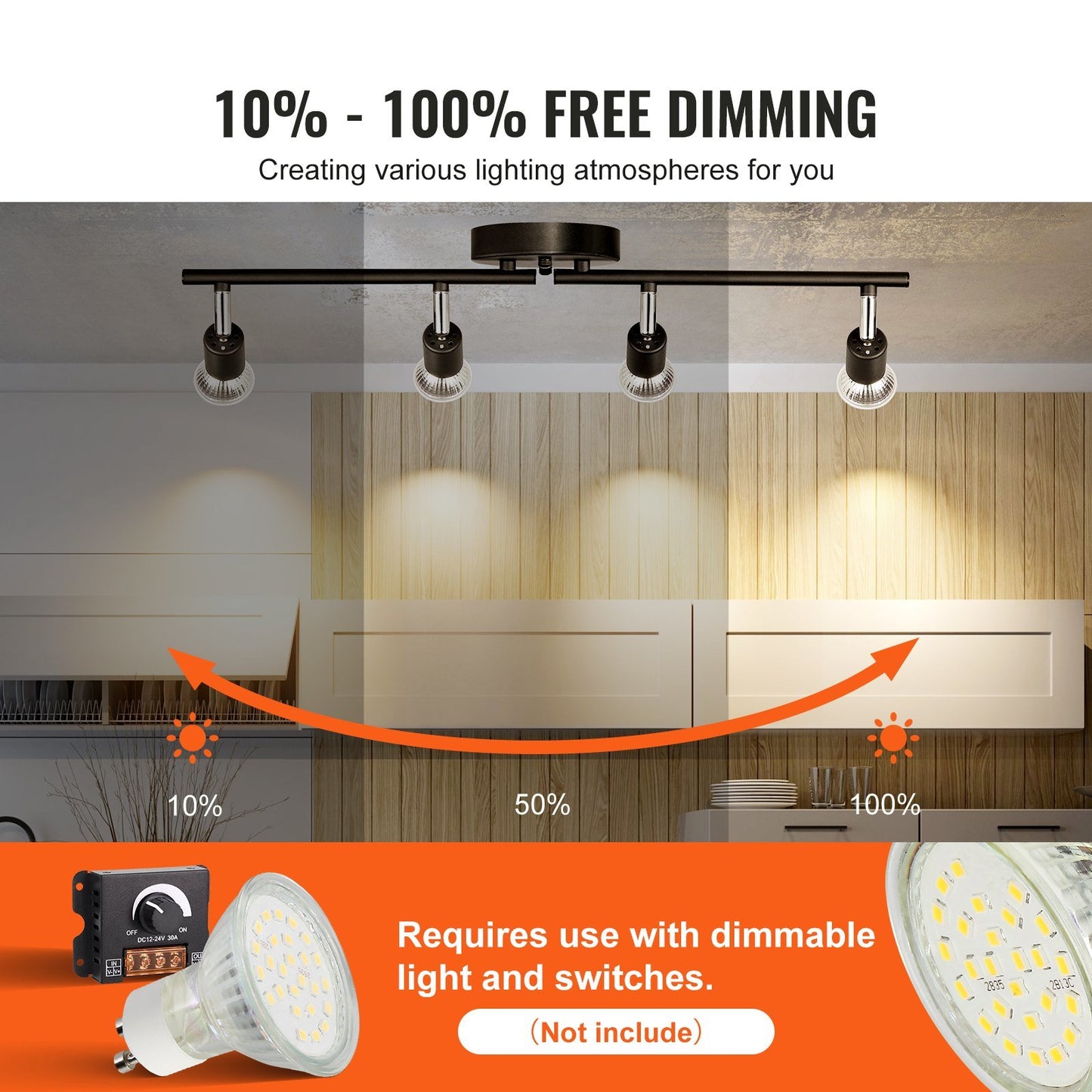 VEVOR 4-Light LED Track Lighting Kit, Ceiling Spot Light with Rotatable Light Arms and Heads, 24.8" Track Lighting Fixture, Included 4 GU10 3000K Bulbs for Indoors Exhibition, Kitchen, Living Room