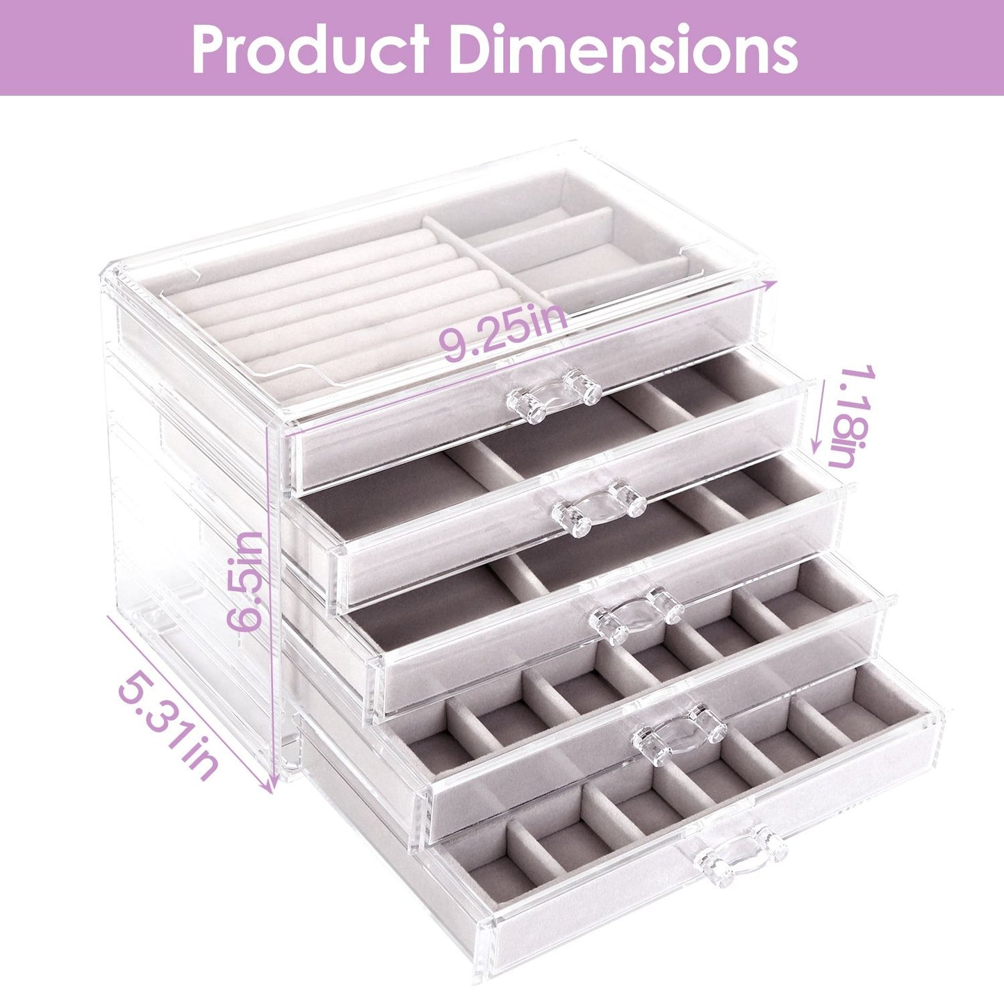 Clear Acrylic Jewelry Box Organizer with 5 Drawers Stackable Jewelry Holder Velvet Storage Case for Earrings Rings Bracelets Necklaces Ideal Gift for Women Teen Girls