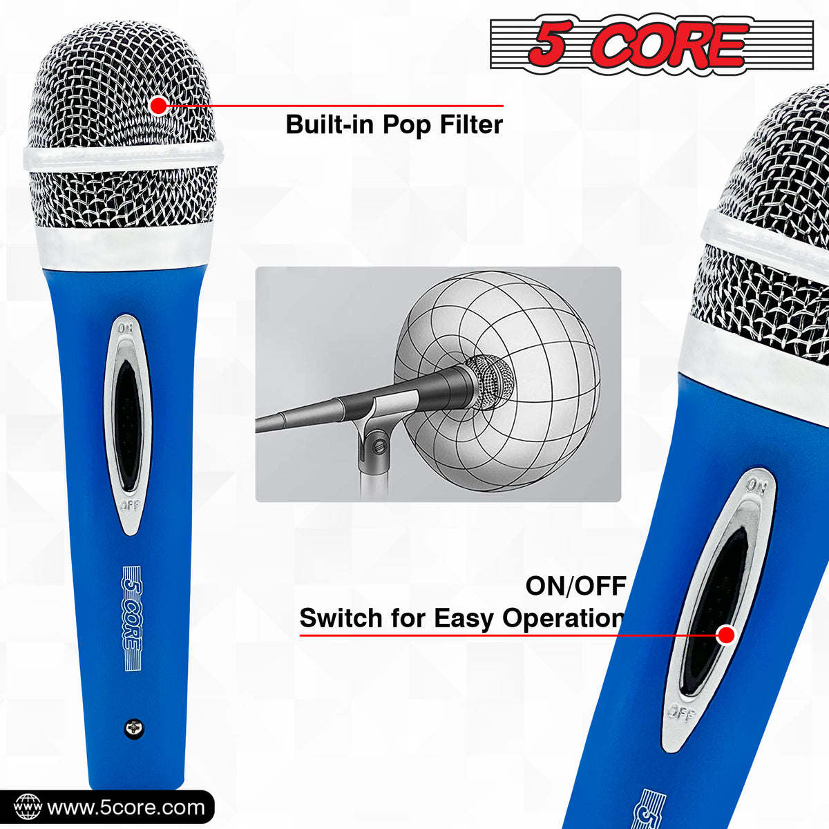 5 Core Microphone Wired Premium Vocal Dynamic Cardioid Handheld Unidirectional Mic with 12ft Detachable XLR Cable to inch Audio Jack and On/Off Switch for Karaoke Singing (Blue) PM 286 BLU