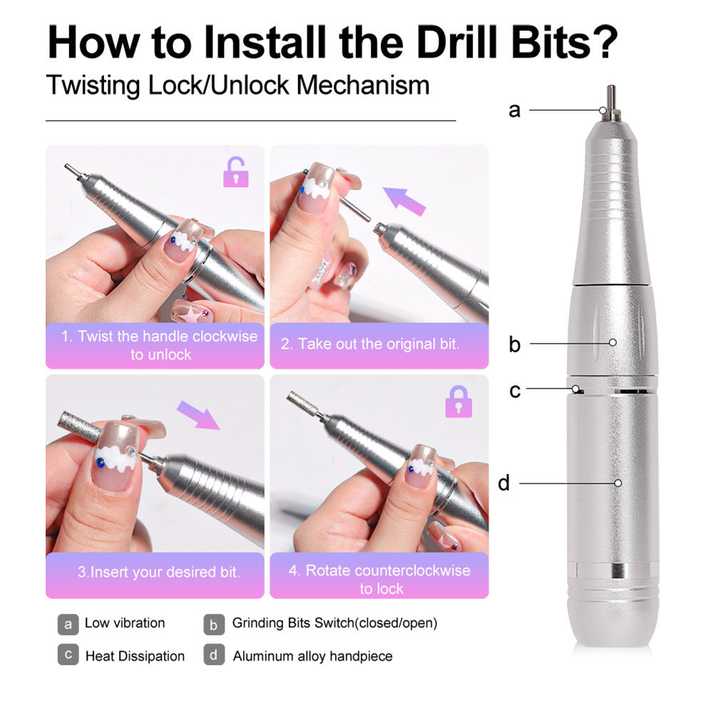 Portable Nail Drill Machine Professional 45000RPM, Rechargeable Electric Nail Drill Machine for Acrylic Nail Gel Polish Removal, Suitable for Nail Salon Home Cordless Nail Drill Machine Kit