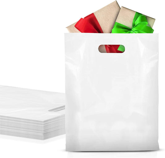 Large Plastic Merchandise Bags for Small Business 15" x 18"; Pack of 250 White Plastic Bags Die Cut Handle; 1.75 Mil LDPE Spacious Die Cut Shopping Bags for Merchandise No Gusset