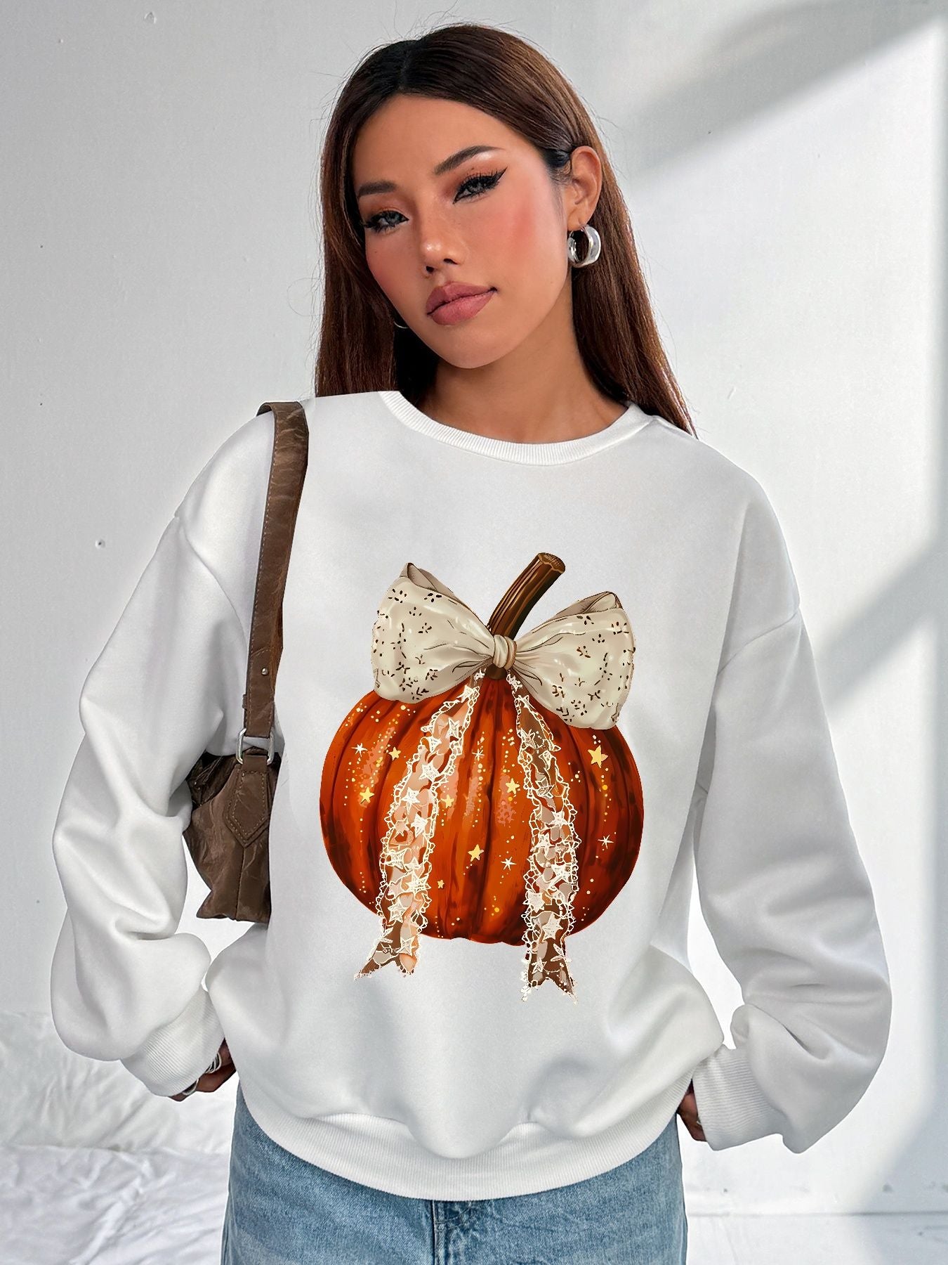 Women Basic Casual Pullover Spring Autumn Long Sleeve Pumpkin Bow Printed Round Neck