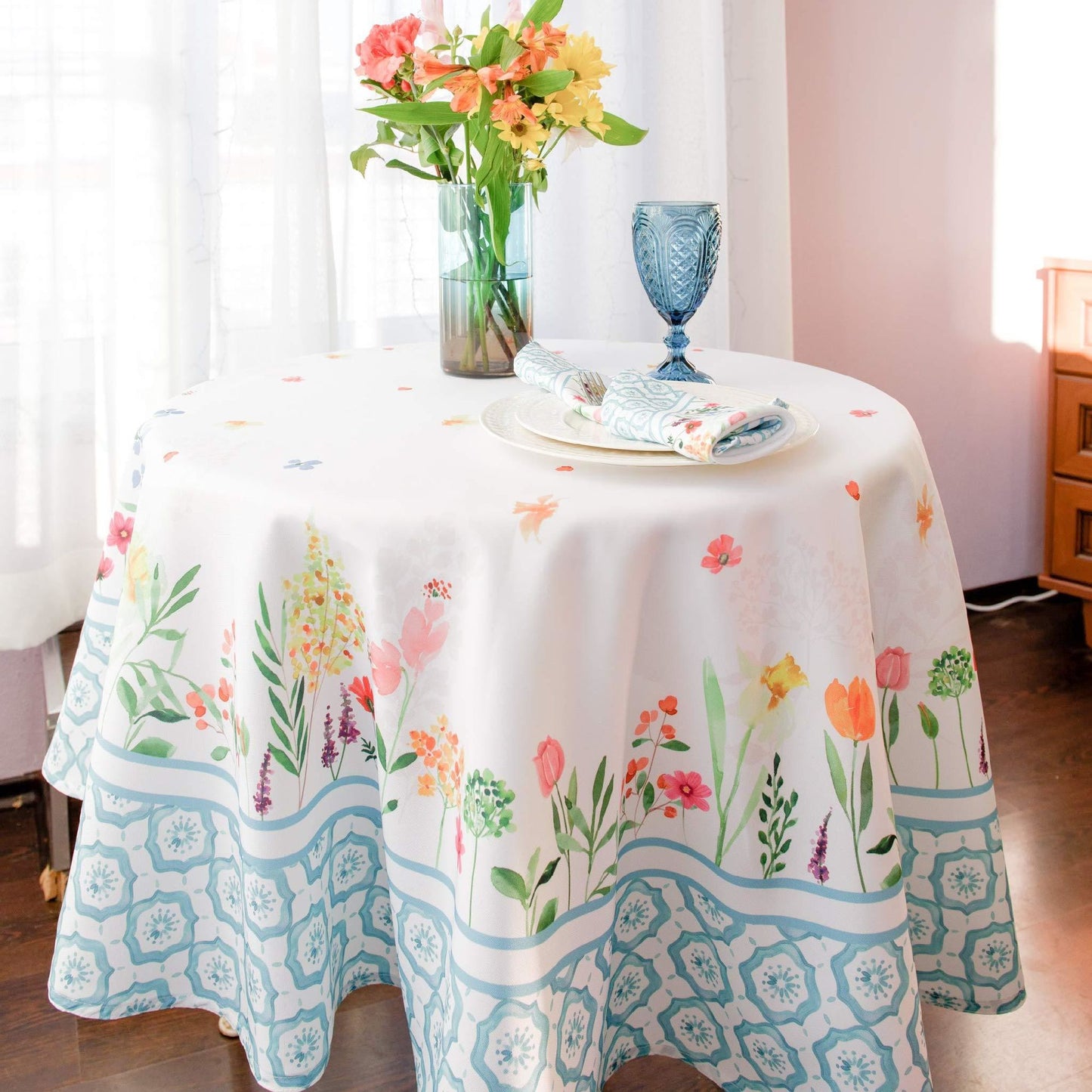 Floral Coloring Round Easter Tablecloth Non Iron Stain Resistant Table Cover Diameter 60 inch