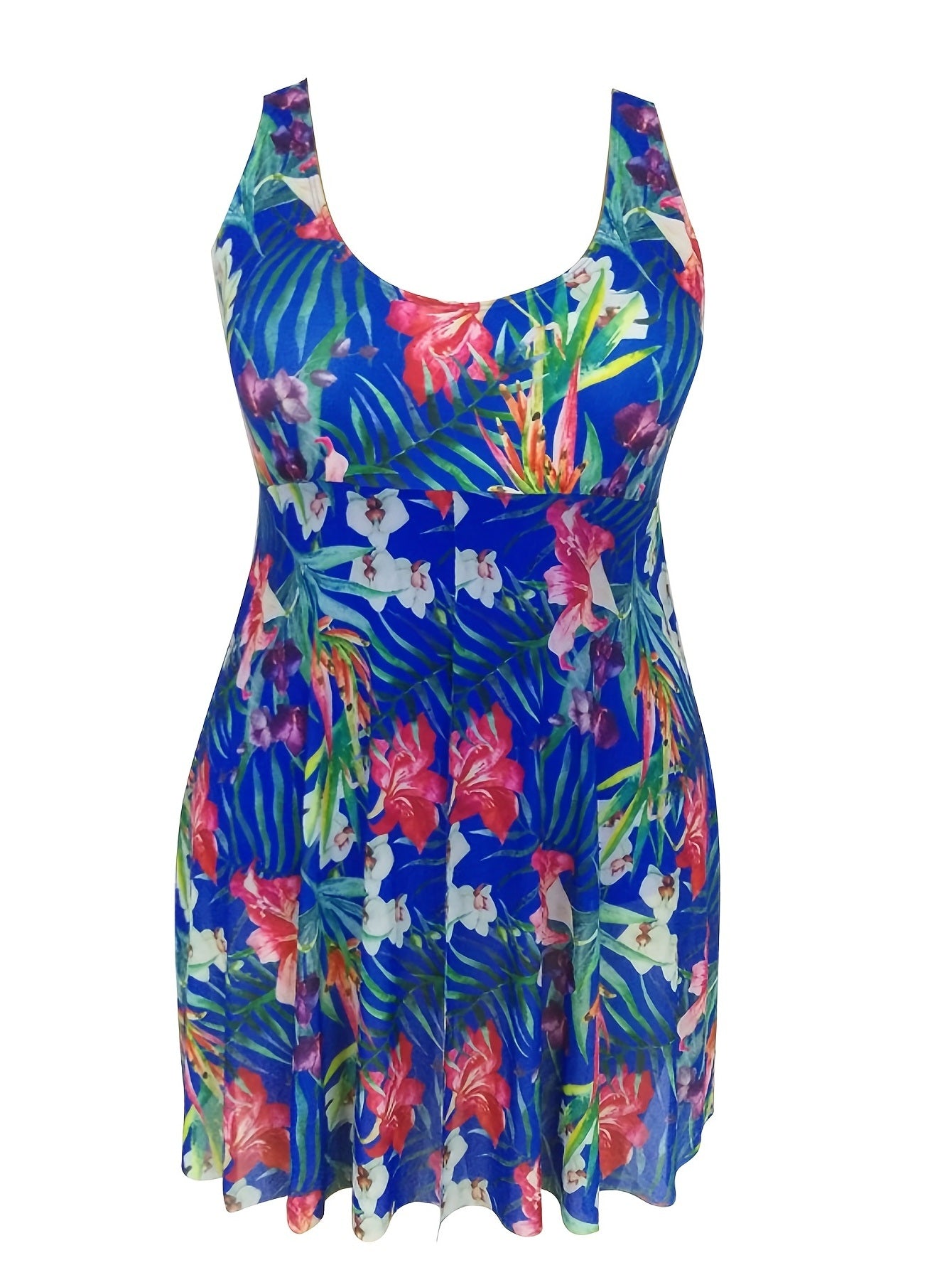 Plus Size Casual Swimsuit; Women's Plus Tropical Print Contrast Mesh Layered One Piece Swimsuit